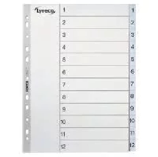 PVC File Dividers, Index 1-12, 150 x 230 mm, 12 Sheets/Set